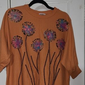 Orange Floral Embellished Women's Top